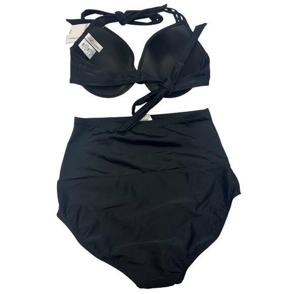 NEW Macys Black Bikini Set Size 10 Underwire Push Up High Waist Control Top Swim - Picture 11 of 12